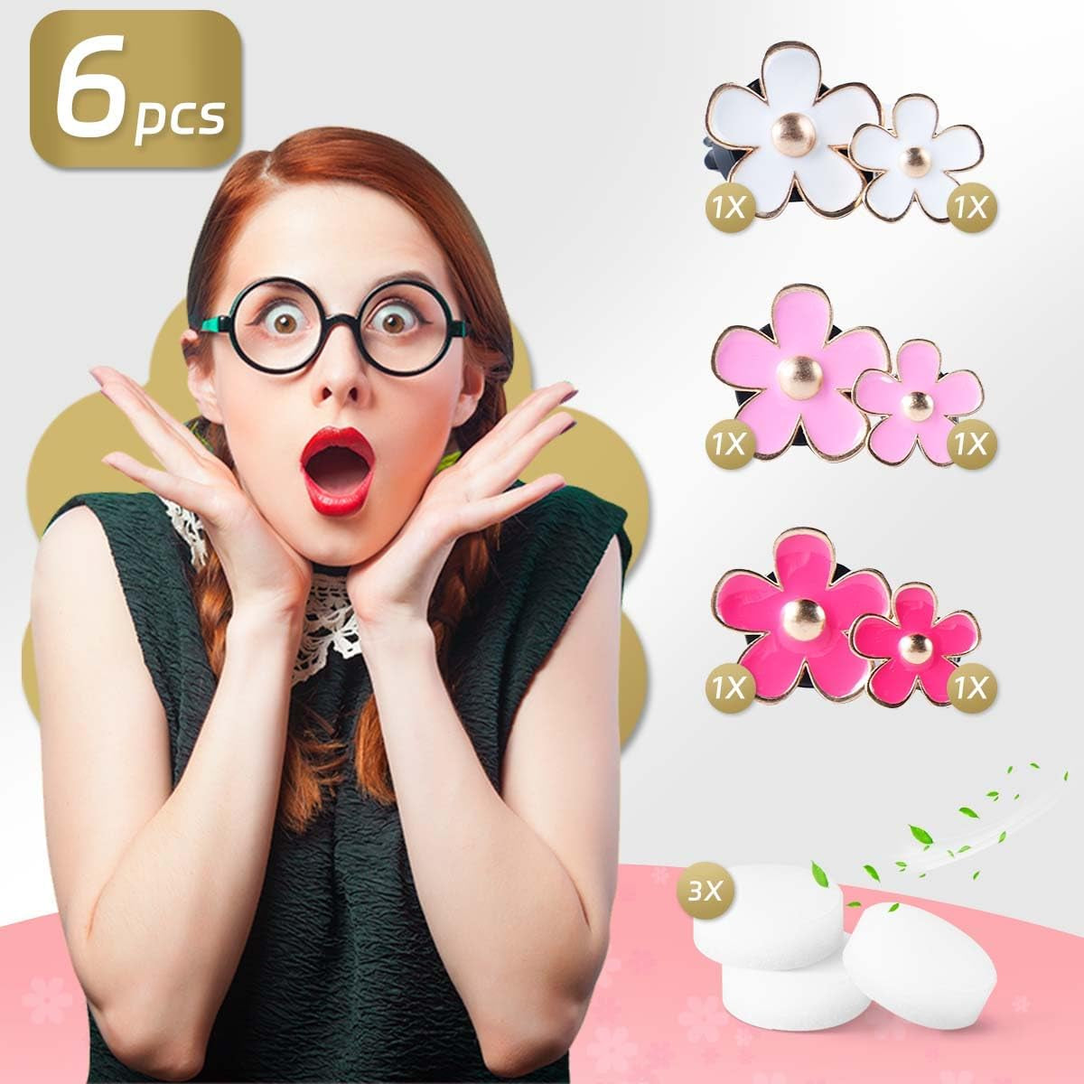 6 PCS Car Air Vent Clips Colorful Daisy Flower Car Air Freshener Clip Air Conditioning Outlet Clip for Car Interior Decoration Accessories (2 Size, White, Pink, Red)