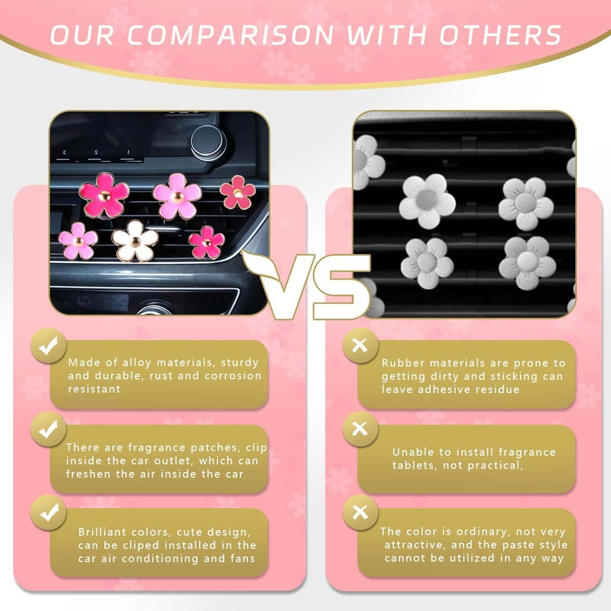 6 PCS Car Air Vent Clips Colorful Daisy Flower Car Air Freshener Clip Air Conditioning Outlet Clip for Car Interior Decoration Accessories (2 Size, White, Pink, Red)