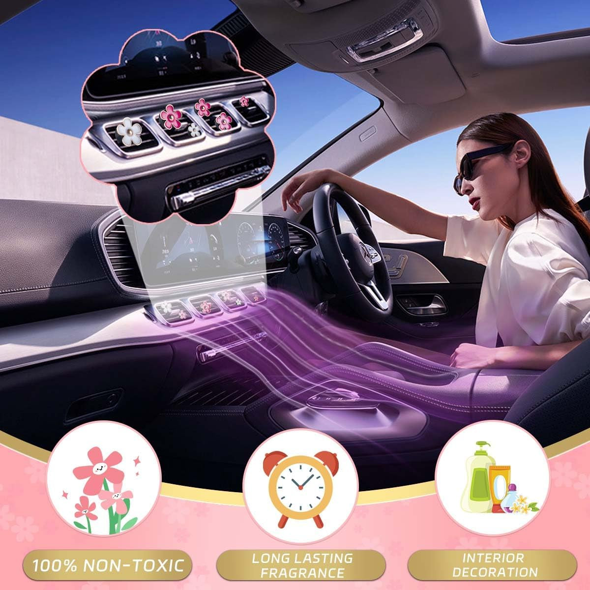 6 PCS Car Air Vent Clips Colorful Daisy Flower Car Air Freshener Clip Air Conditioning Outlet Clip for Car Interior Decoration Accessories (2 Size, White, Pink, Red)
