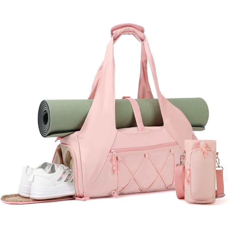 Pink yoga gym bag with separate shoe compartment and multiple storage pockets for women’s fitness and travel
